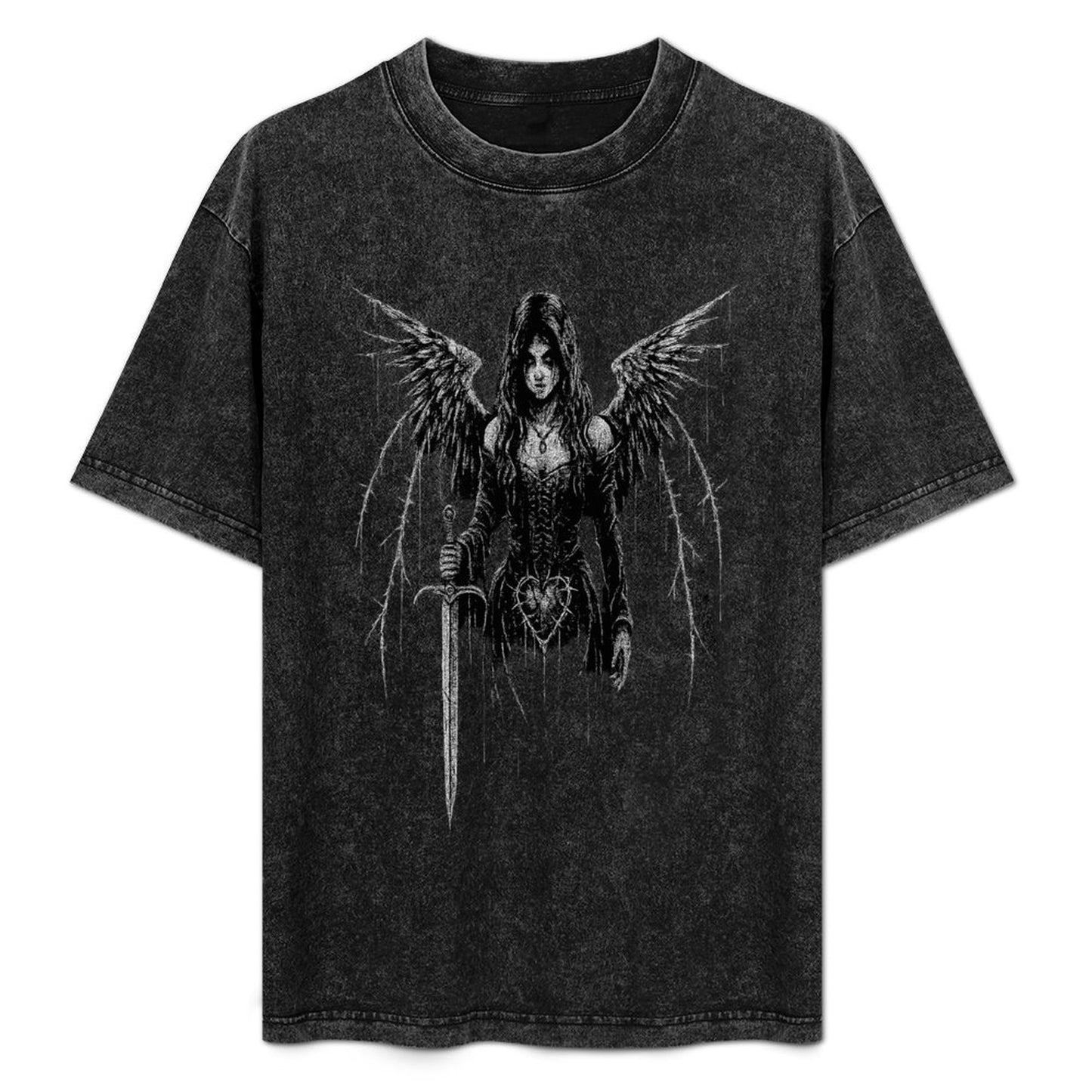 Gotycka Koszulka Oversize Vintage Washed | Dark Fallen Angel | Y2K Goth Washed Tee 190 GSM