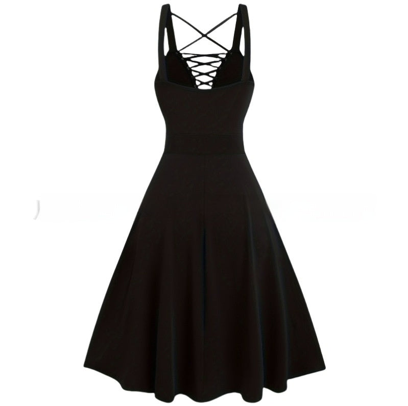 Gotycka Sukienka z Wstążkami – Czarna Gothic A-Line Dress High Waist | Dark Aesthetic Midi Dress