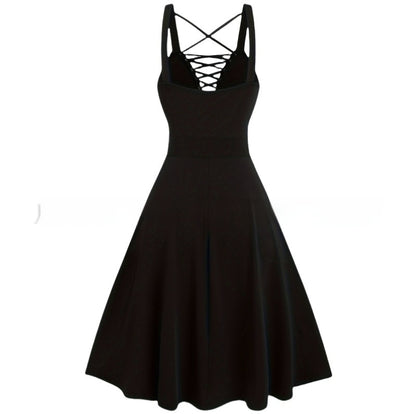 Gotycka Sukienka z Wstążkami – Czarna Gothic A-Line Dress High Waist | Dark Aesthetic Midi Dress