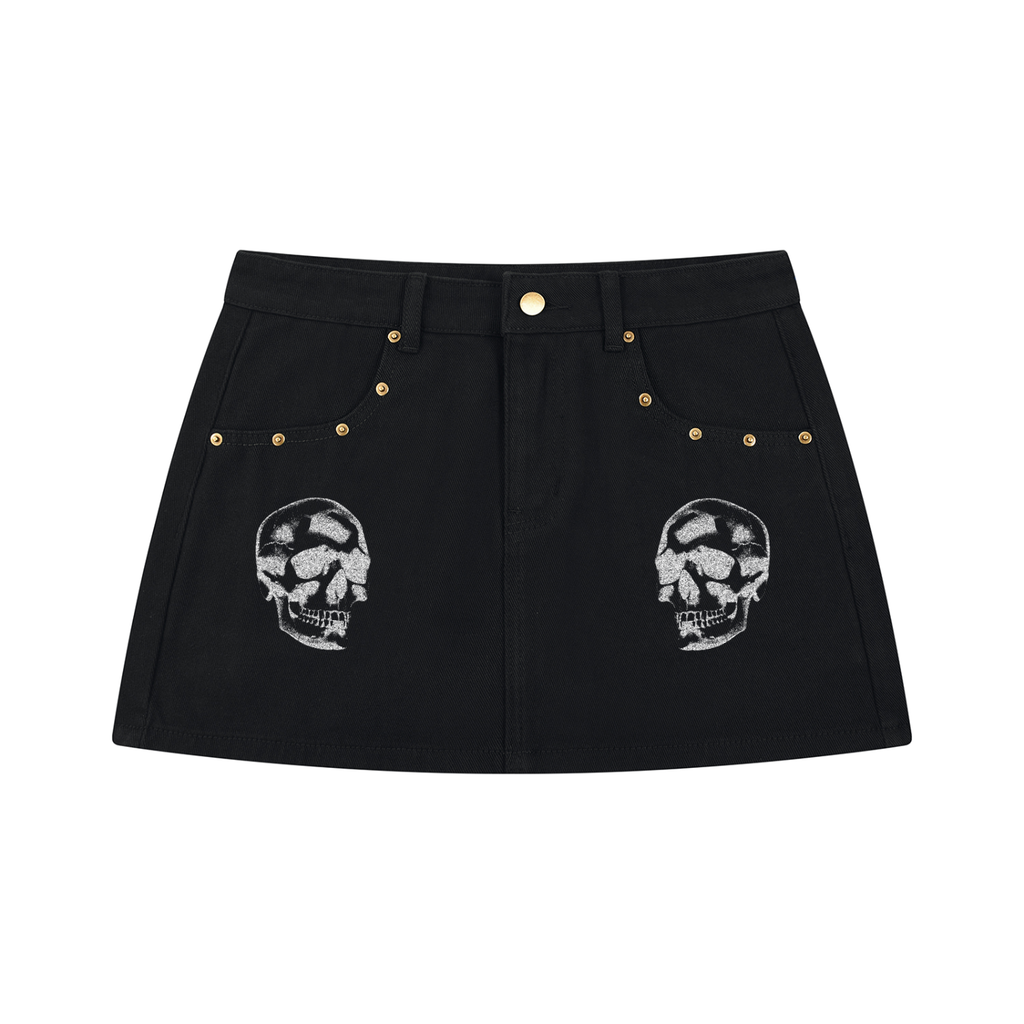 Czarna Spódniczka Jeansowa Mini Punk Goth z Czaszkami | Skull Rebellion – 390 GSM