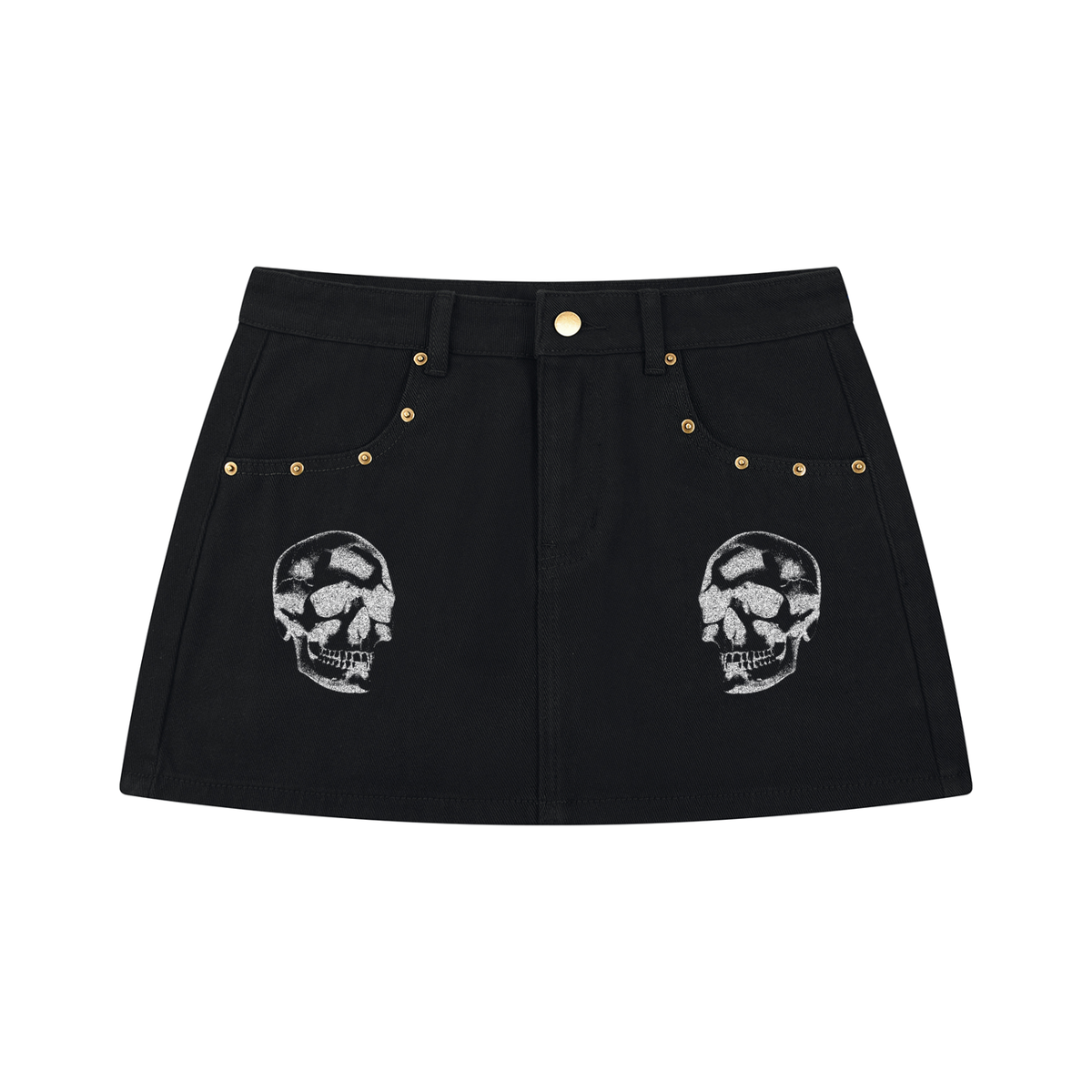 Czarna Spódniczka Jeansowa Mini Punk Goth z Czaszkami | Skull Rebellion – 390 GSM