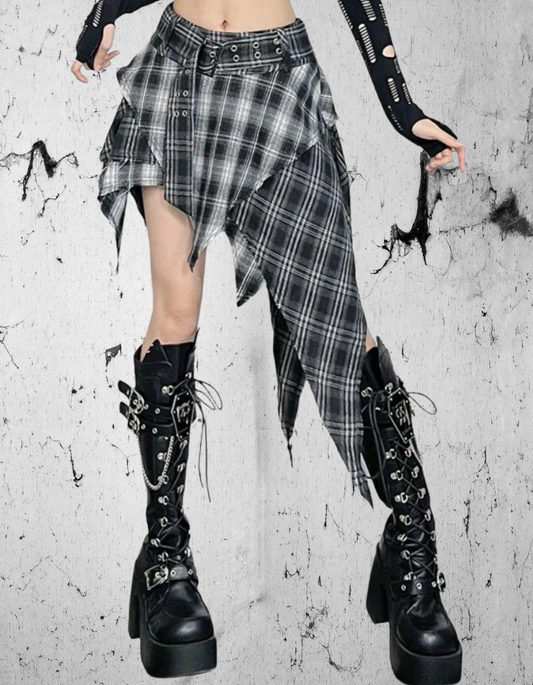 Alt Gotycka Spódnica Asymetryczna Punk Plaid