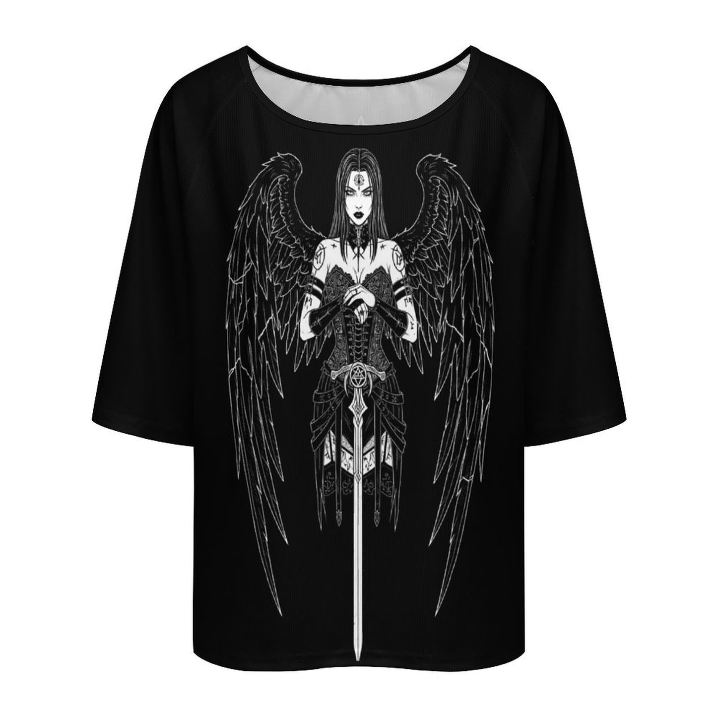Gotycka Koszulka Damska Dark Angel | Occult Fallen Angel Loose Fit | Gothic Boat Neck Top 3/4 Sleeve