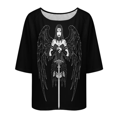 Gotycka Koszulka Damska Dark Angel | Occult Fallen Angel Loose Fit | Gothic Boat Neck Top 3/4 Sleeve