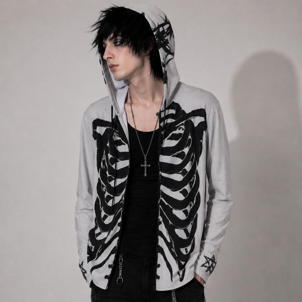 Gotycka Bluza UV50+ Unisex Skeleton Wings – Lekka Bluza z Kapturem Grunge Y2K SPF50+