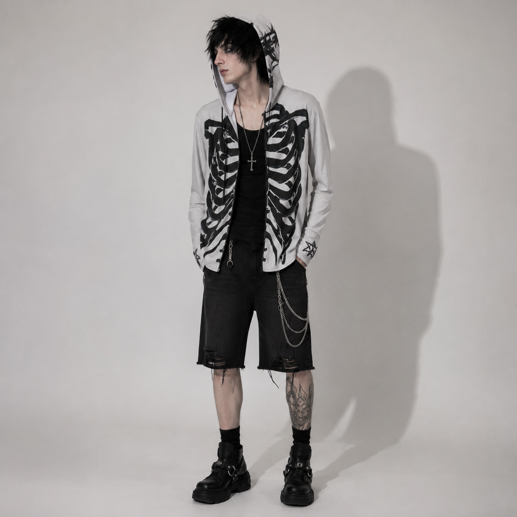 Gotycka Bluza UV50+ Unisex Skeleton Wings – Lekka Bluza z Kapturem Grunge Y2K SPF50+
