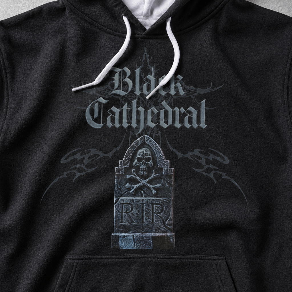 Gotycka Bluza Premium Full Print | Black Cathedral – Gray Silence Tombstone Hoodie 280 GSM