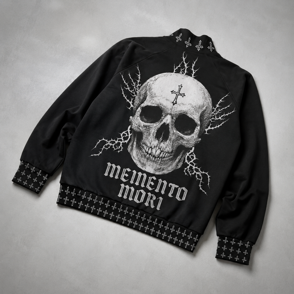 Gotycka Kurtka Bomber Darkwear Premium | Black Cathedral II – Pain Skull Legacy | 100% Bawełna 310 GSM