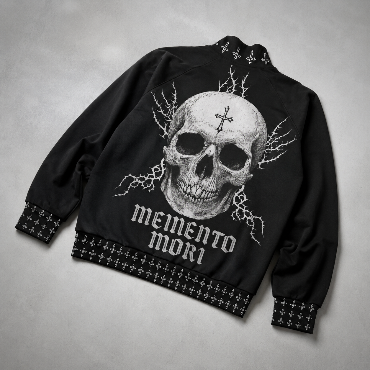 Gotycka Kurtka Bomber Darkwear Premium | Black Cathedral II – Pain Skull Legacy | 100% Bawełna 310 GSM