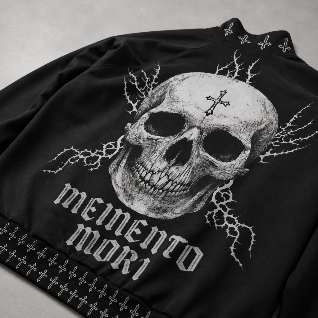 Gotycka Kurtka Bomber Darkwear Premium | Black Cathedral II – Pain Skull Legacy | 100% Bawełna 310 GSM