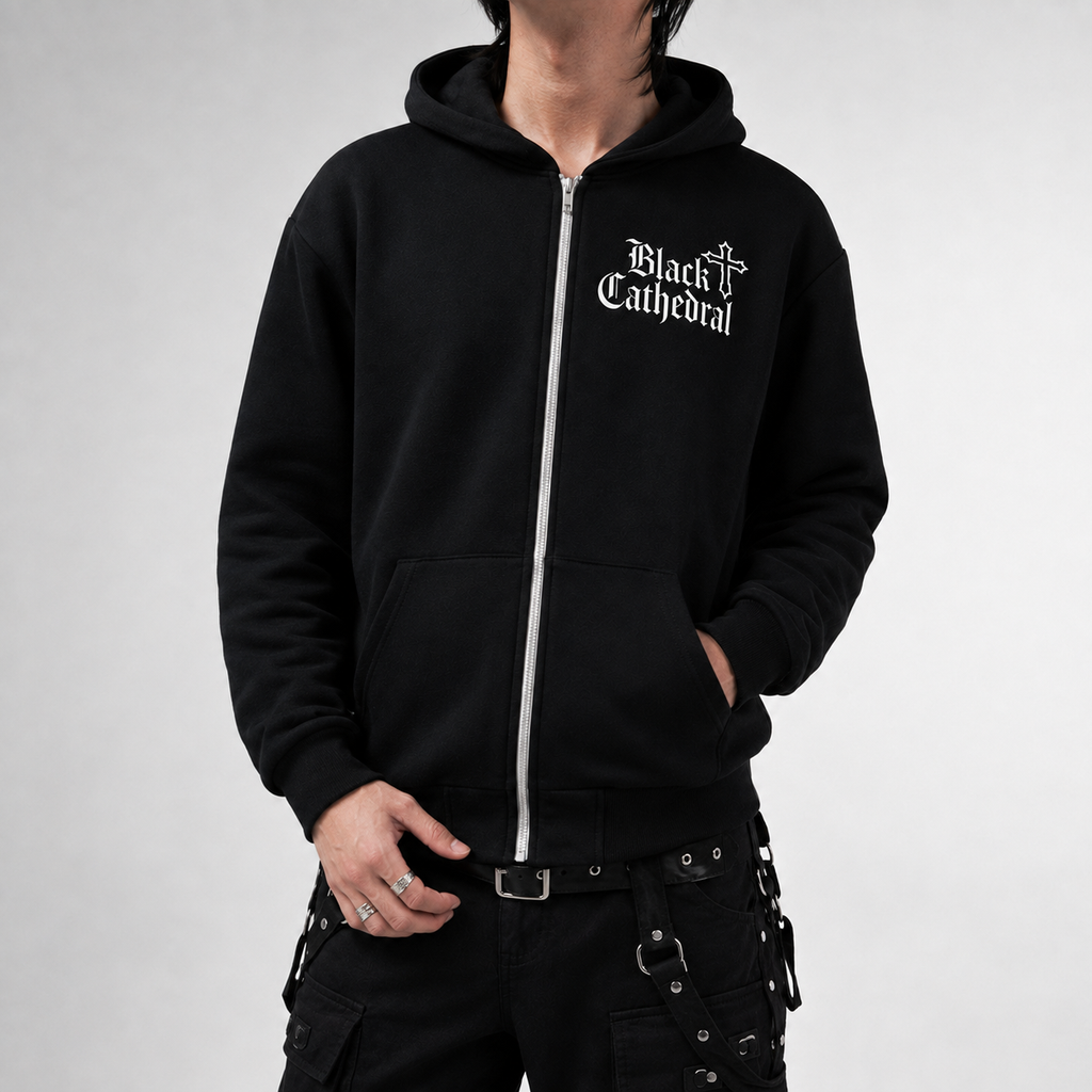 Gotycka Bluza Zip Hoodie | Black Cathedral Death's Moth | Premium Full Print 280 GSM
