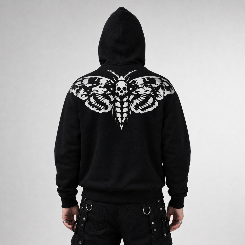 Gotycka Bluza Zip Hoodie | Black Cathedral Death's Moth | Premium Full Print 280 GSM