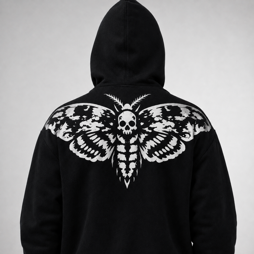 Gotycka Bluza Zip Hoodie | Black Cathedral Death's Moth | Premium Full Print 280 GSM