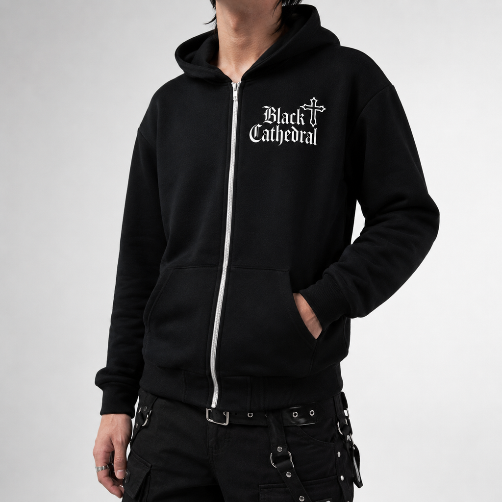 Gotycka Bluza Zip Hoodie | Black Cathedral Death's Moth | Premium Full Print 280 GSM