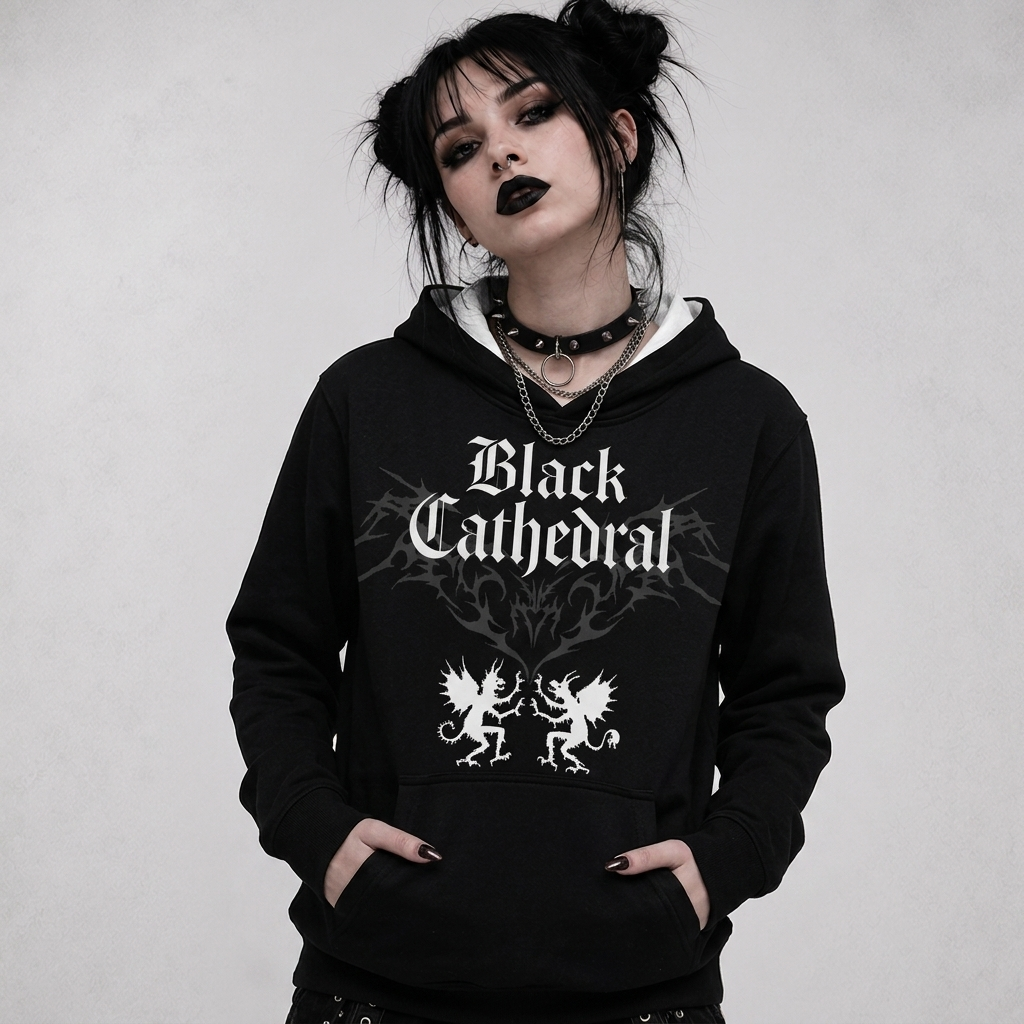 Gotycka Bluza Oversize Premium AOP | Black Cathedral – Devil Wings Ascension Hoodie 280 GSM