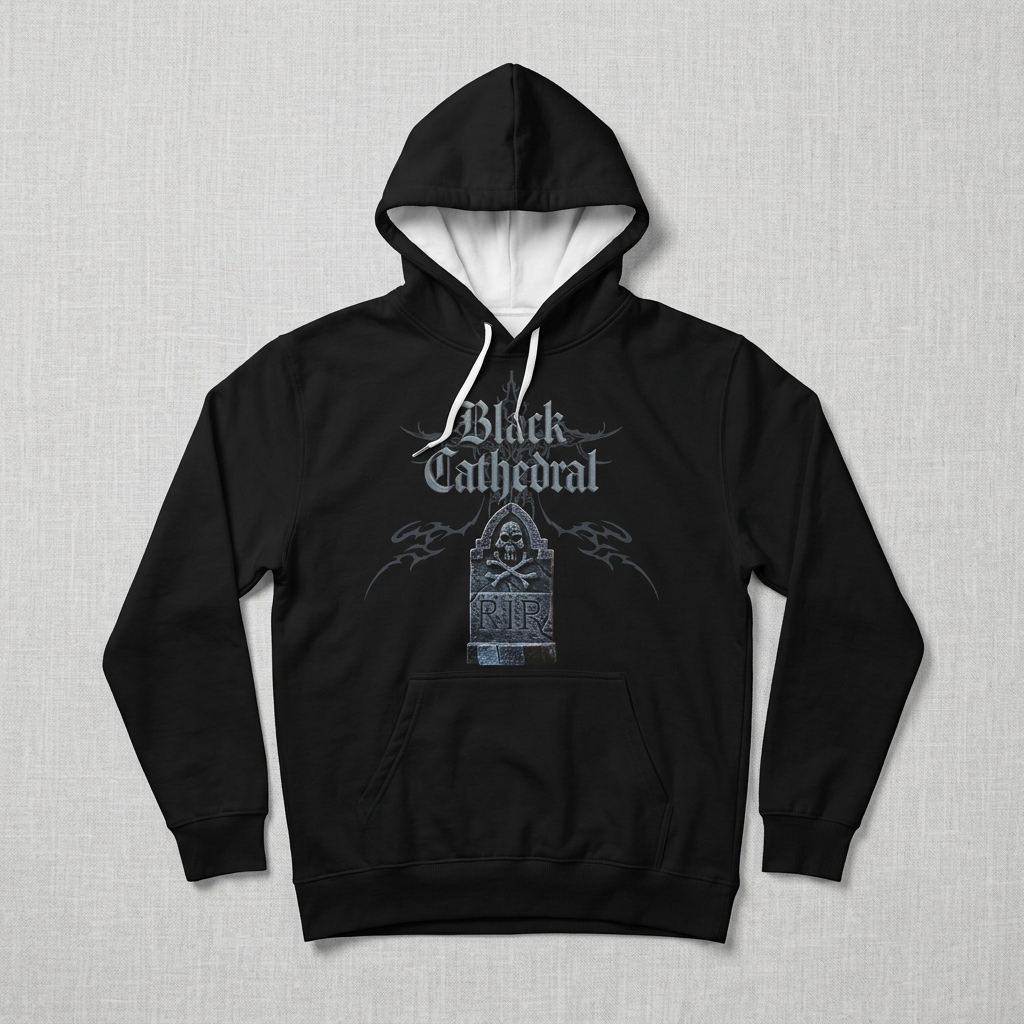 Gotycka Bluza Premium Full Print | Black Cathedral – Gray Silence Tombstone Hoodie 280 GSM