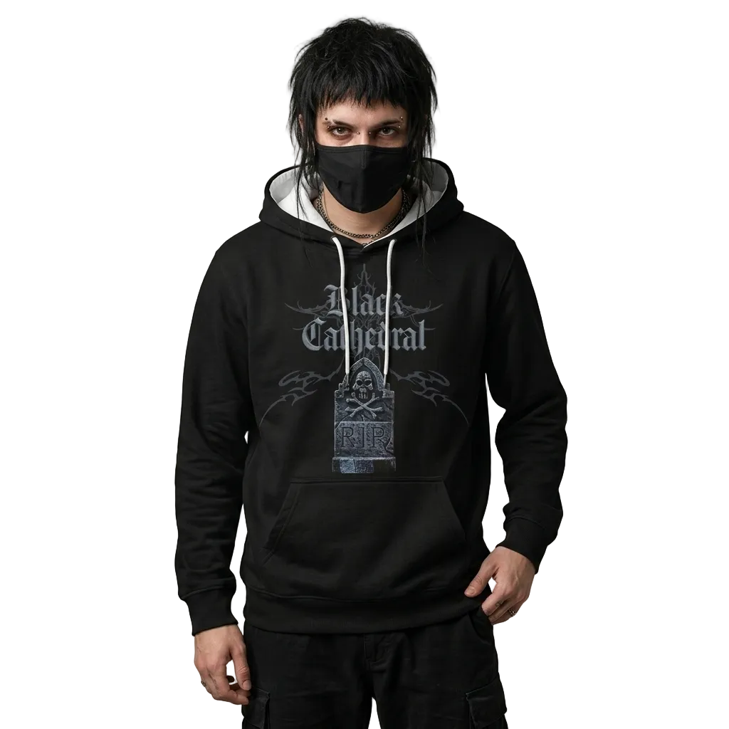 Gotycka Bluza Premium Full Print | Black Cathedral – Gray Silence Tombstone Hoodie 280 GSM