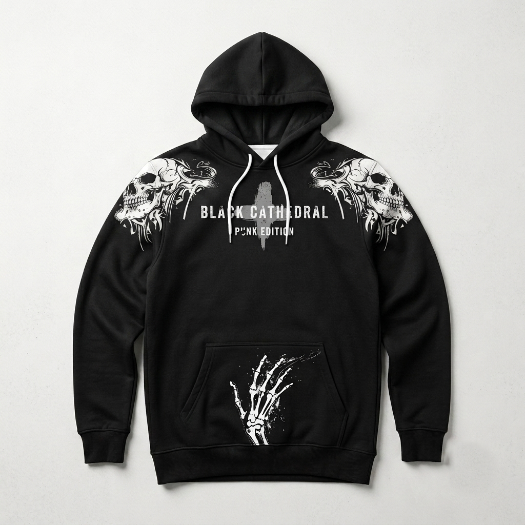 Punk Goth Bluza Oversize Unisex | Black Cathedral Chaos Bones Hoodie | French Terry Premium