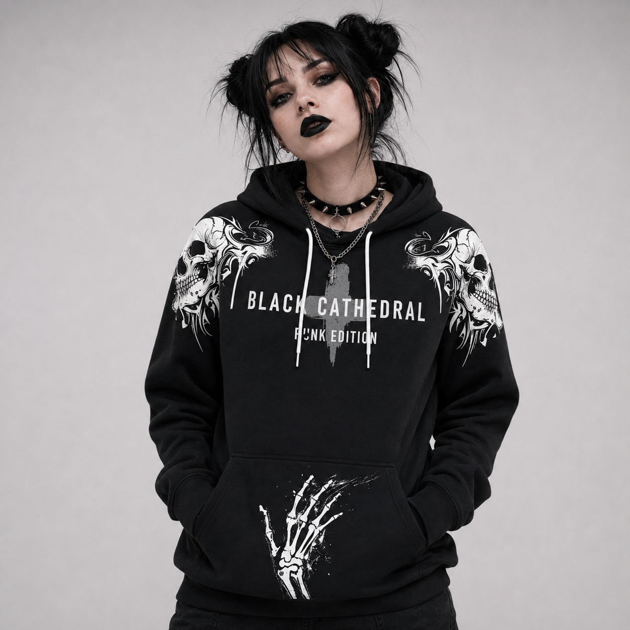 Punk Goth Bluza Oversize Unisex | Black Cathedral Chaos Bones Hoodie | French Terry Premium