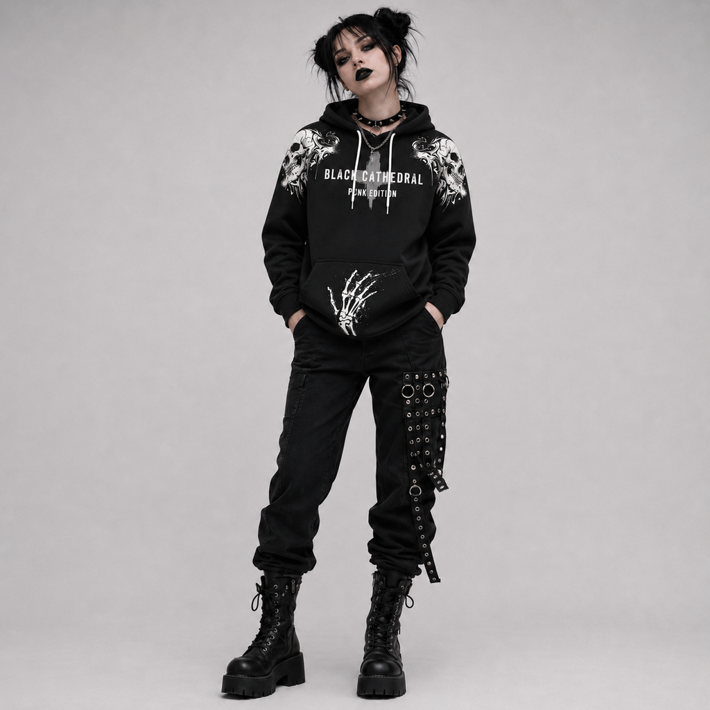 Punk Goth Bluza Oversize Unisex | Black Cathedral Chaos Bones Hoodie | French Terry Premium