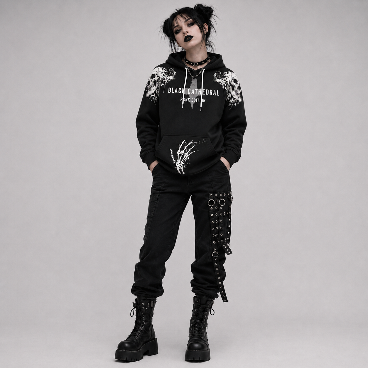 Punk Goth Bluza Oversize Unisex | Black Cathedral Chaos Bones Hoodie | French Terry Premium