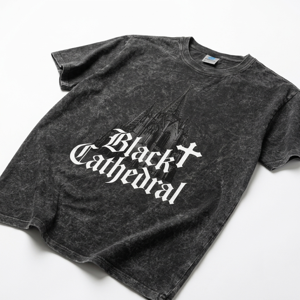 Gotycka Koszulka Vintage Mineral Wash | Black Cathedral Shadow I | 100% Bawełna