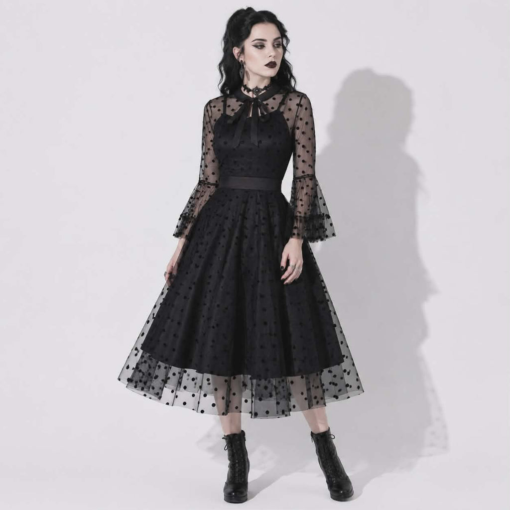 Gotycka Sukienka Gothabilly „Nocturne Belle” | Sukienka Dark Pin-Up z Tiulem i Siateczką | Romantyczna Sukienka Gotycka Midi