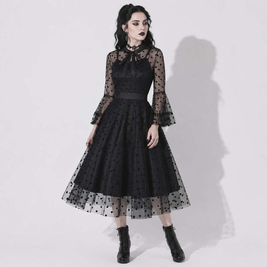 Gotycka Sukienka Gothabilly „Nocturne Belle” | Sukienka Dark Pin-Up z Tiulem i Siateczką | Romantyczna Sukienka Gotycka Midi