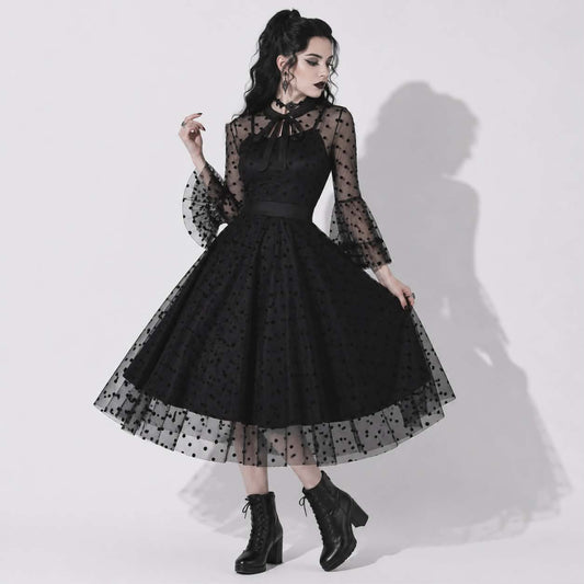 Gotycka Sukienka Gothabilly „Nocturne Belle” | Sukienka Dark Pin-Up z Tiulem i Siateczką | Romantyczna Sukienka Gotycka Midi