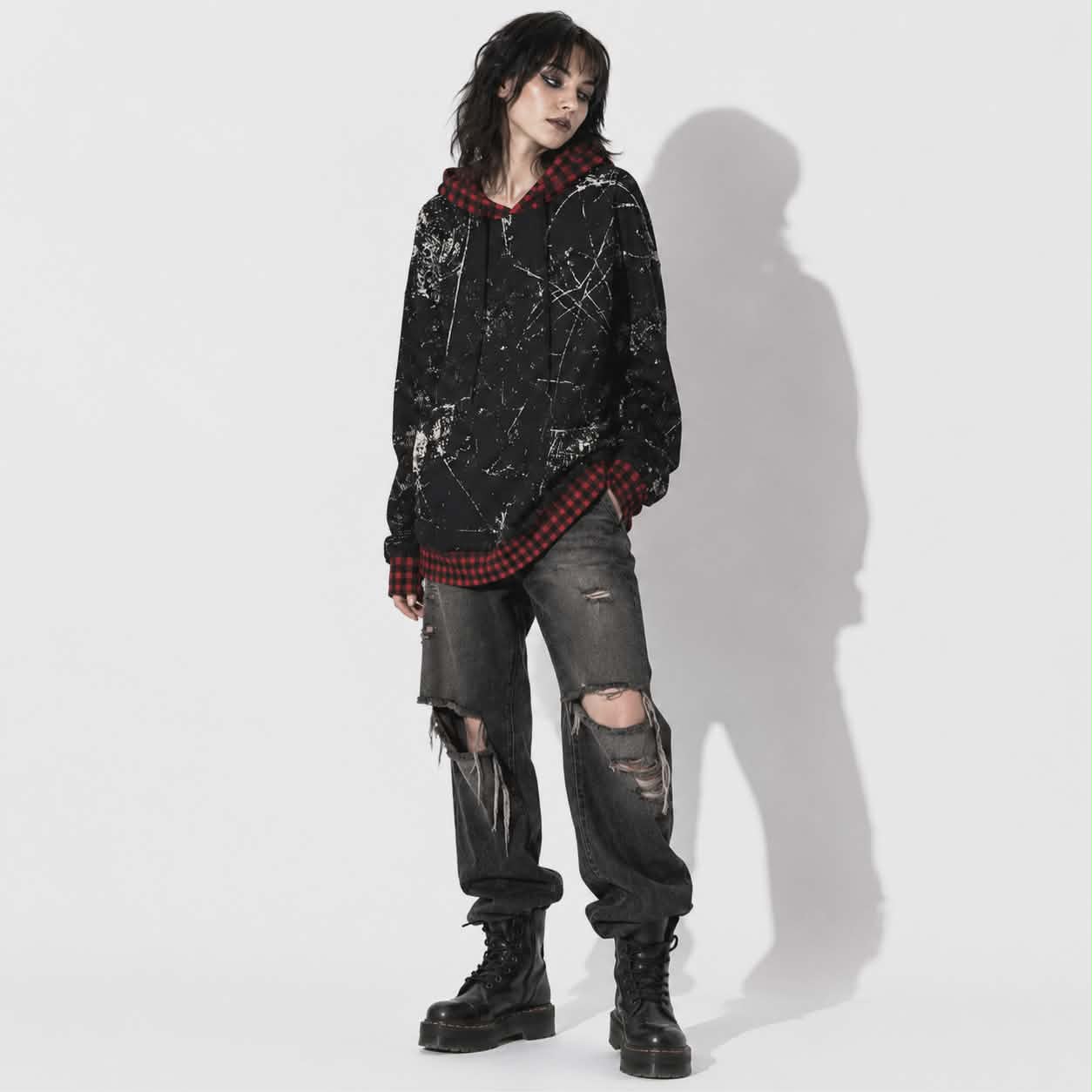Bluza Oversize Grunge Chaos | Red Tartan Distressed Hoodie