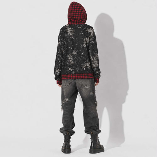 Bluza Oversize Grunge Chaos | Red Tartan Distressed Hoodie
