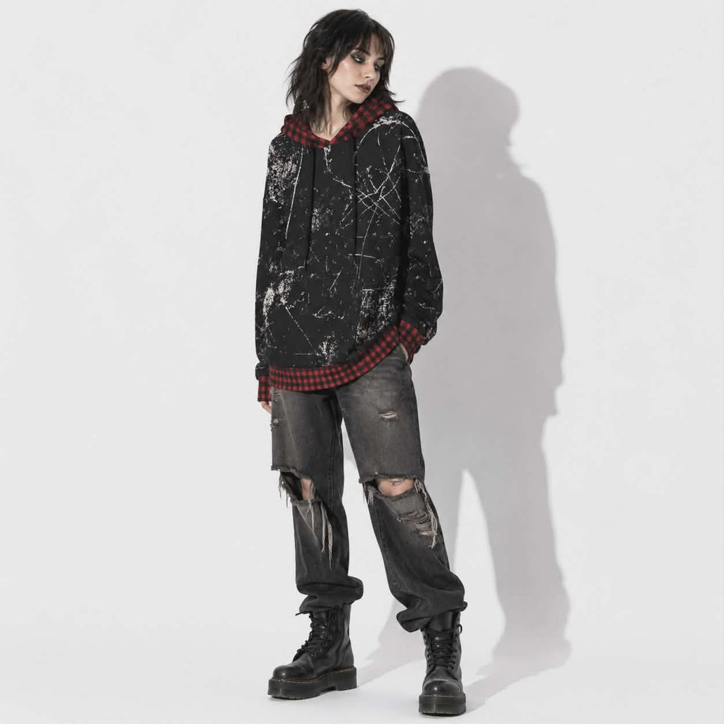 Bluza Oversize Grunge Chaos | Red Tartan Distressed Hoodie