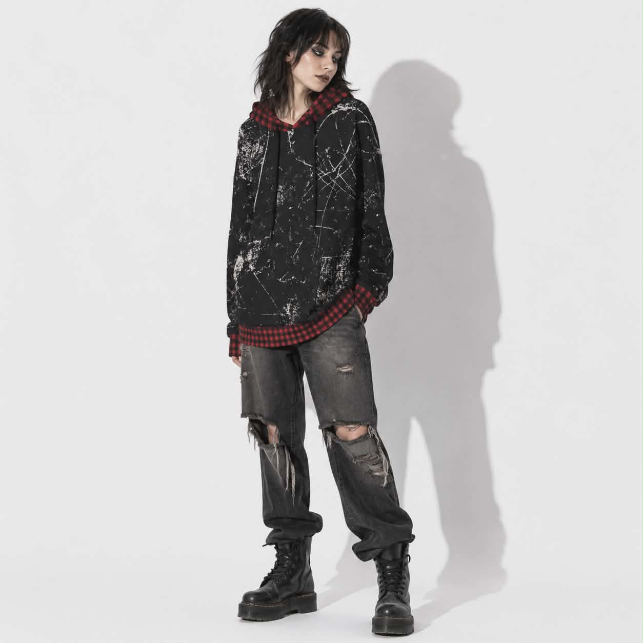 Bluza Oversize Grunge Chaos | Red Tartan Distressed Hoodie