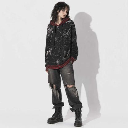 Bluza Oversize Grunge Chaos | Red Tartan Distressed Hoodie