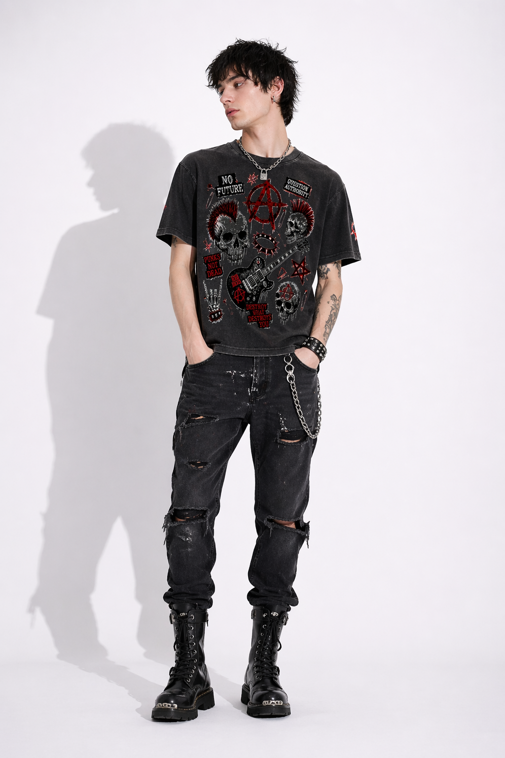 Boxy Punk Rebel Anarchy T-Shirt | Textured Waffle Knit | Cotton Mix 250gsm
