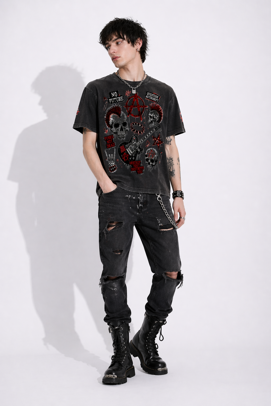 Boxy Punk Rebel Anarchy T-Shirt | Textured Waffle Knit | Cotton Mix 250gsm