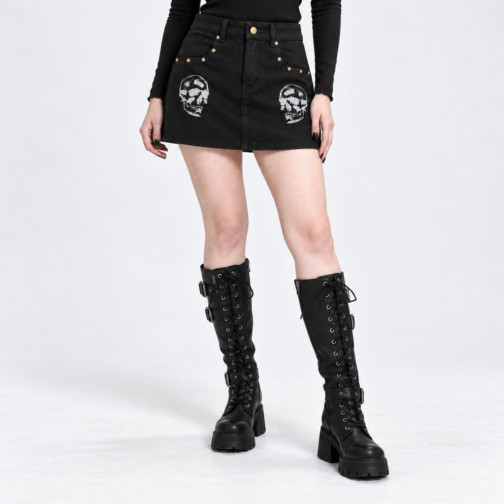Czarna Spódniczka Jeansowa Mini Punk Goth z Czaszkami | Skull Rebellion – 390 GSM