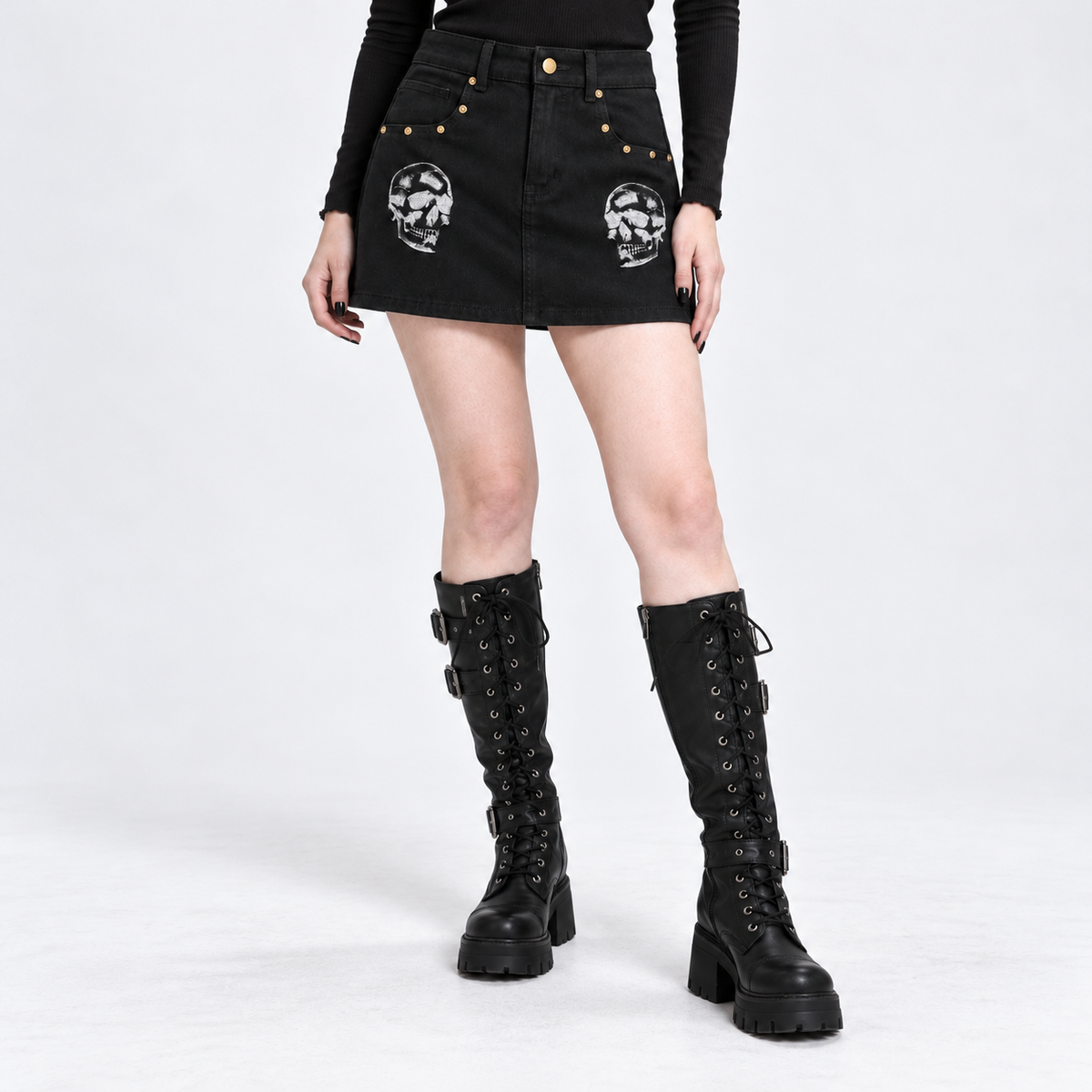Czarna Spódniczka Jeansowa Mini Punk Goth z Czaszkami | Skull Rebellion – 390 GSM