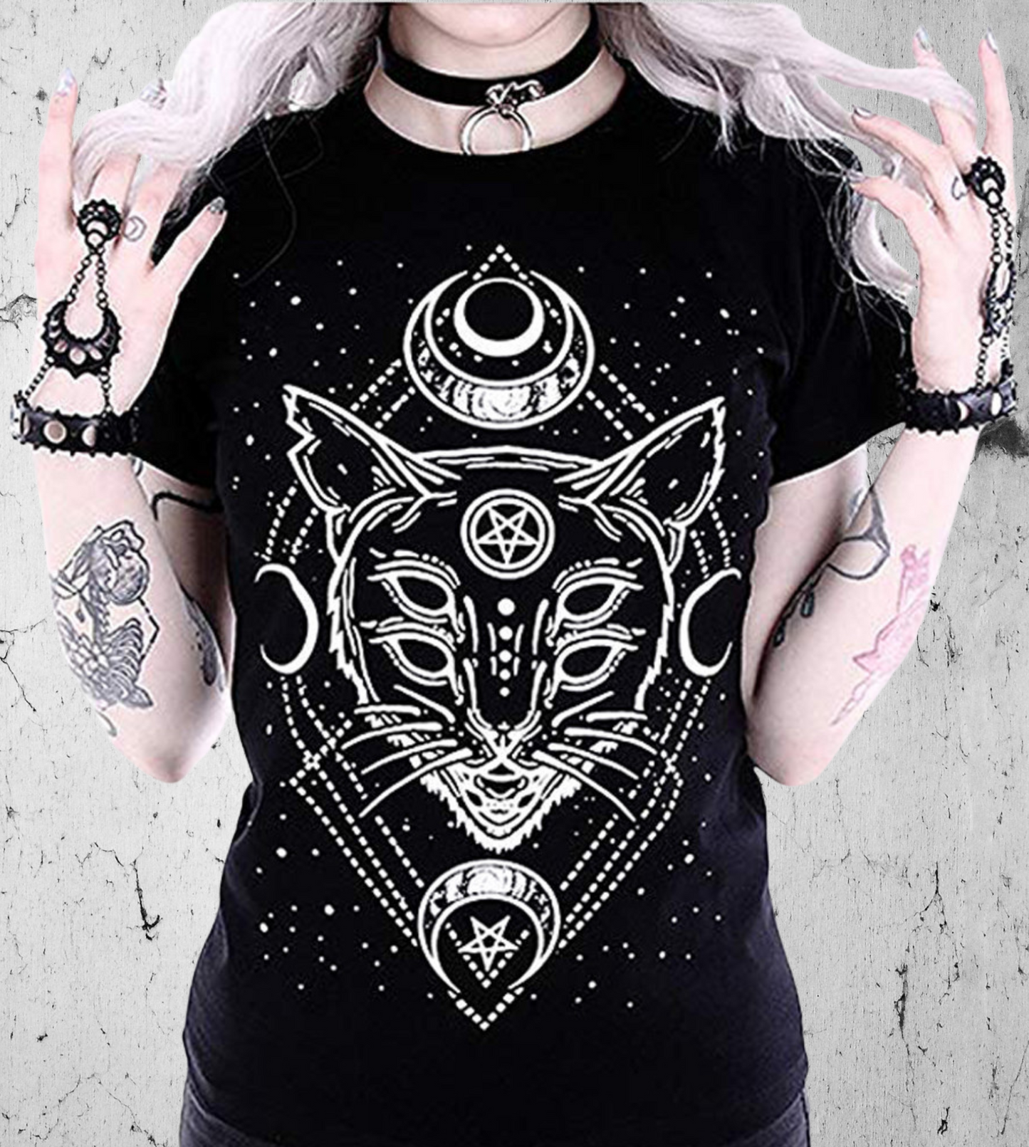 Gothic Women T-shirt with Magical Ezoteric Cat 