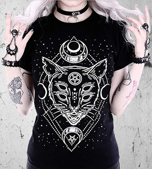 Gothic Women T-shirt with Magical Ezoteric Cat 