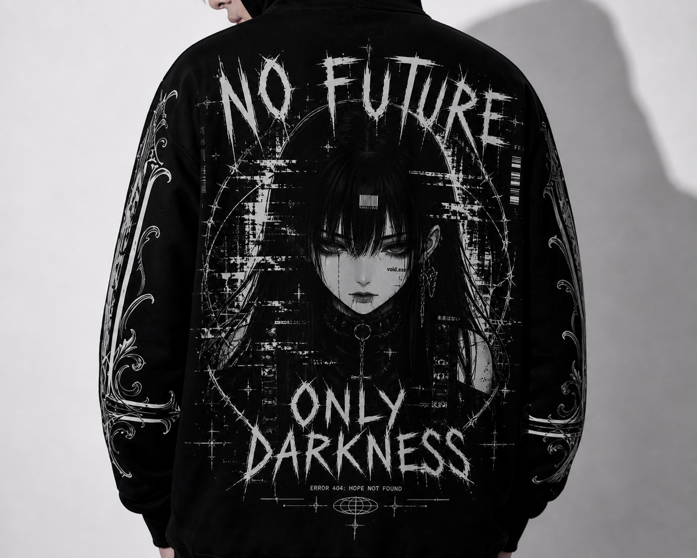 gothic hoodie only darkness back view model black y2k harajuku outfit
