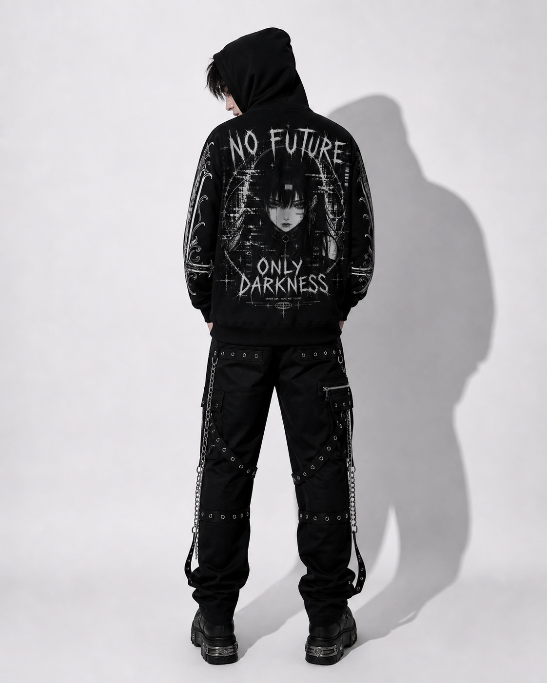 black gothic hoodie back view worn by model y2k streetwear goth style