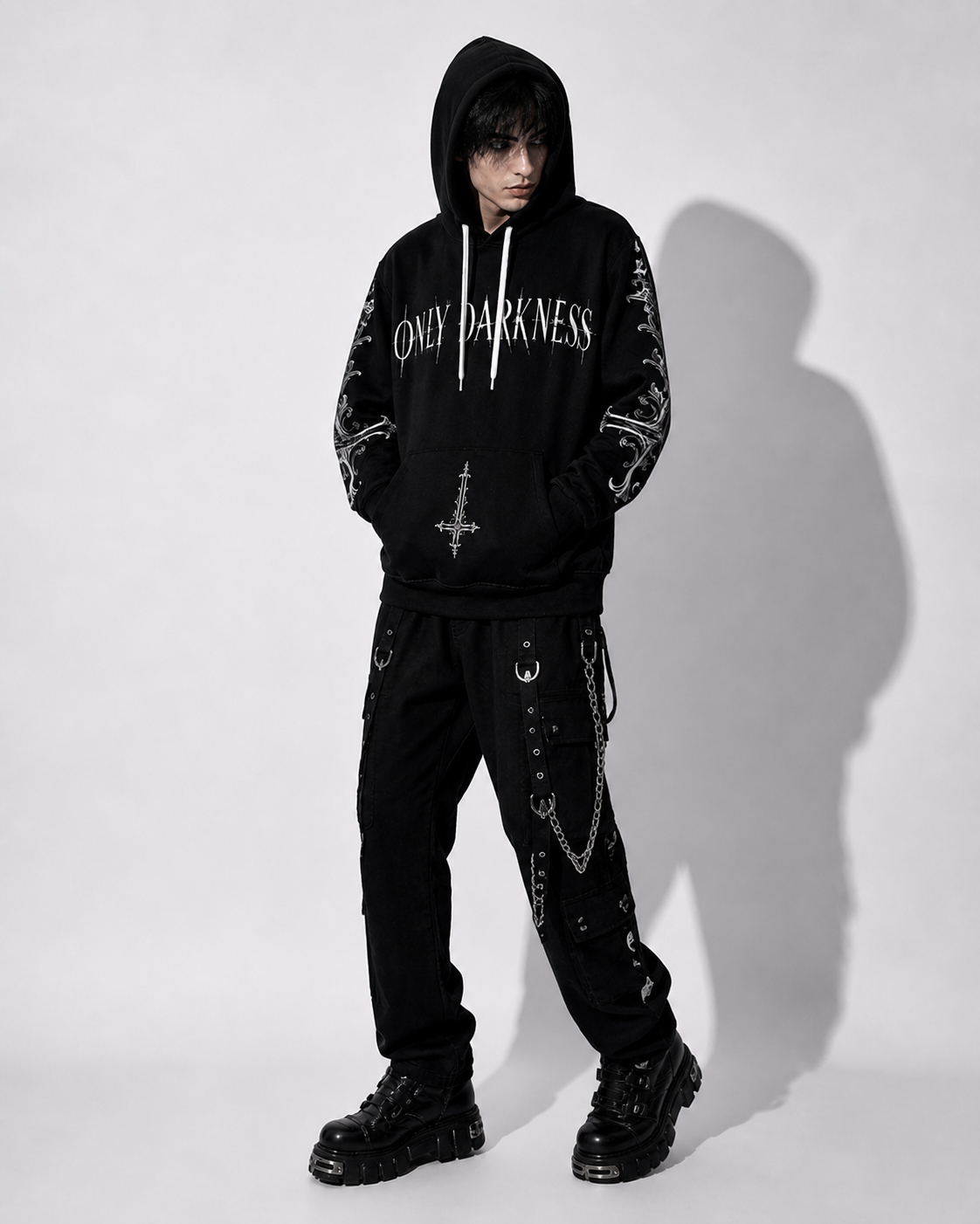 y2k harajuku goth hoodie black only darkness design front outfit streetwear
