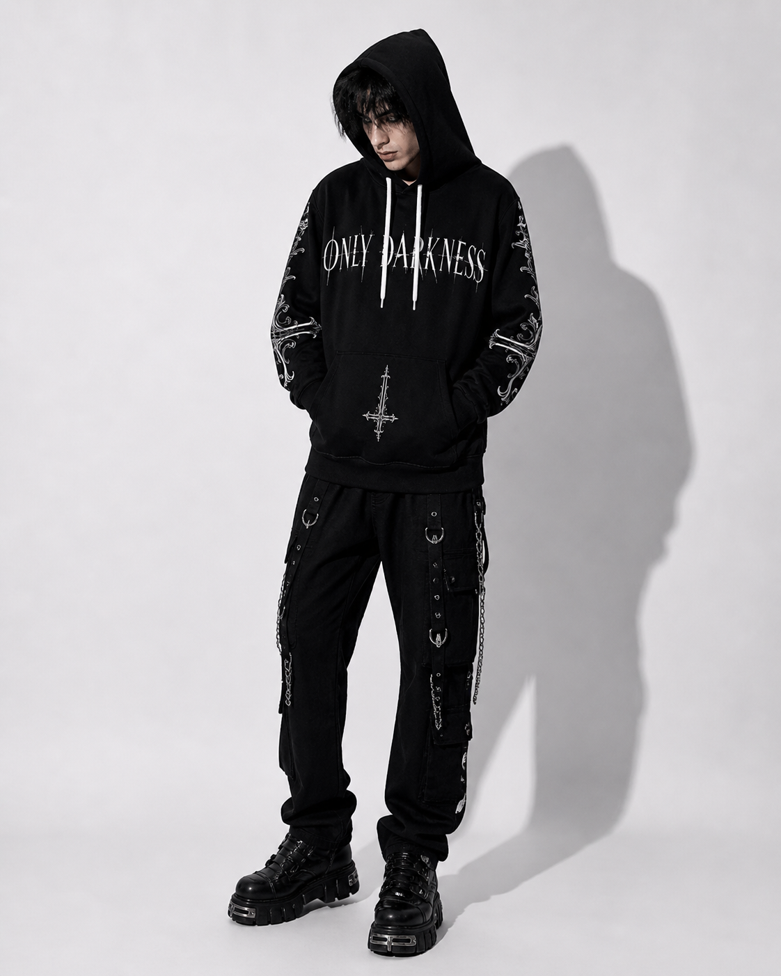 black gothic hoodie only darkness print y2k streetwear style worn by model
