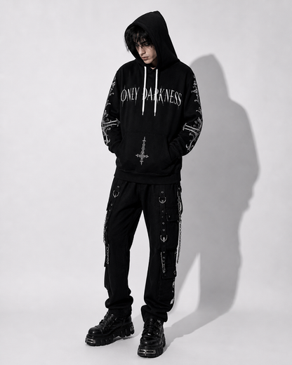 black gothic hoodie only darkness print y2k streetwear style worn by model