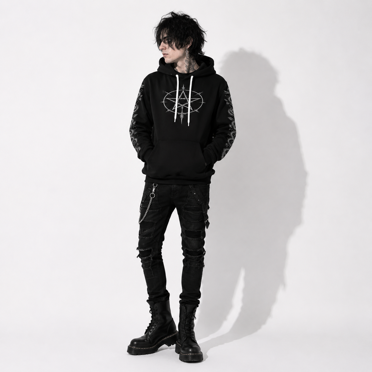 dark fantasy gothic hoodie with pentagram symbol and kangaroo pocket black streetwear hoodie front view