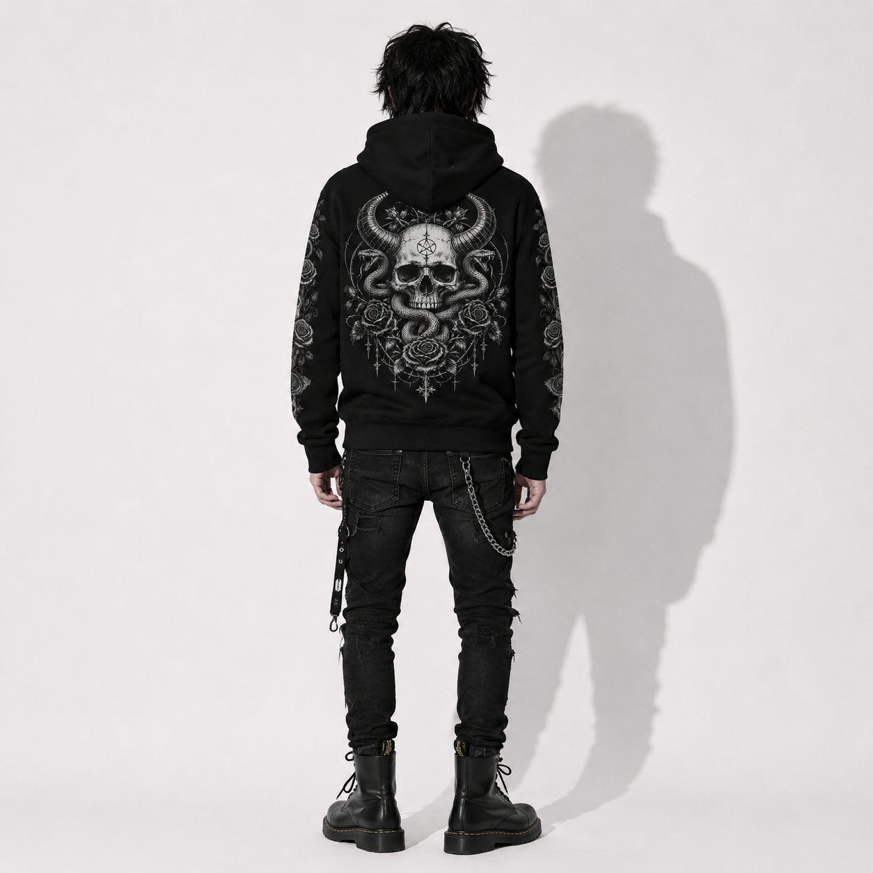 back view model in dark fantasy gothic hoodie with serpent skull artwork metal inspired streetwear style