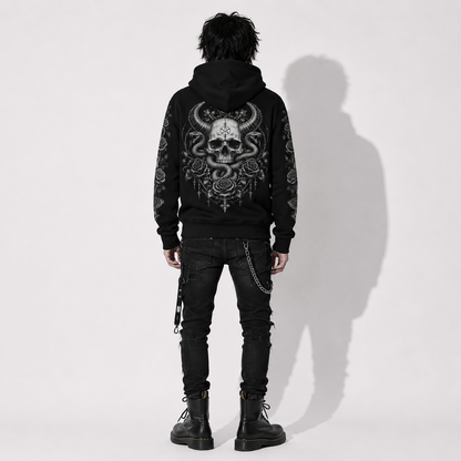 back view model in dark fantasy gothic hoodie with serpent skull artwork metal inspired streetwear style
