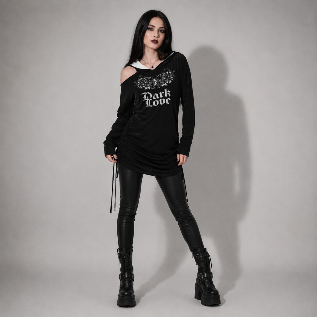 Gotycka Sukienka Hoodie Dark Love – Asymetryczna Sukienka z Kapturem, Odkrytym Ramieniem i Nadrukiem | Gothic | Darkwear | Alternative Fashion