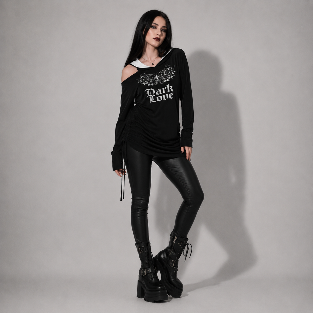Gotycka Sukienka Hoodie Dark Love – Asymetryczna Sukienka z Kapturem, Odkrytym Ramieniem i Nadrukiem | Gothic | Darkwear | Alternative Fashion